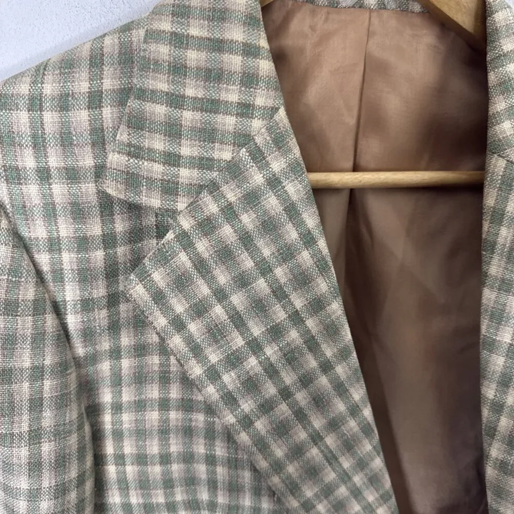 70s Wool Linen Blazer 40 Green Tan Plaid Sport Coat Canada Gooden’s VTG‎ Mod